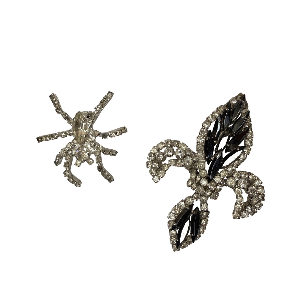 Vintage Brooch Pin Lot Women OS Silver Black Rhinestone Spider Fleur De Lis
